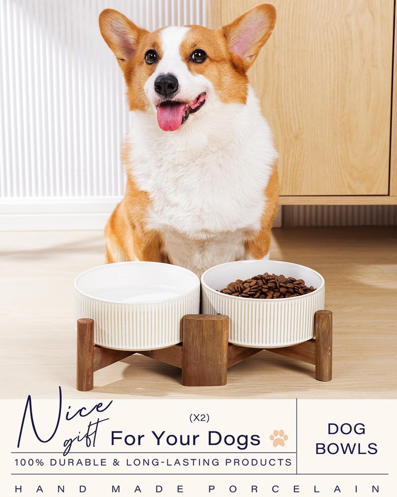 GET STAR Ceramic Dog Bowls Set with Acacia Wood Stand, 3.5 Cups Pet Bowls Set of 2 for Medium Dogs, Cute Dog Food Bowl, Cat Bowls - Image 3
